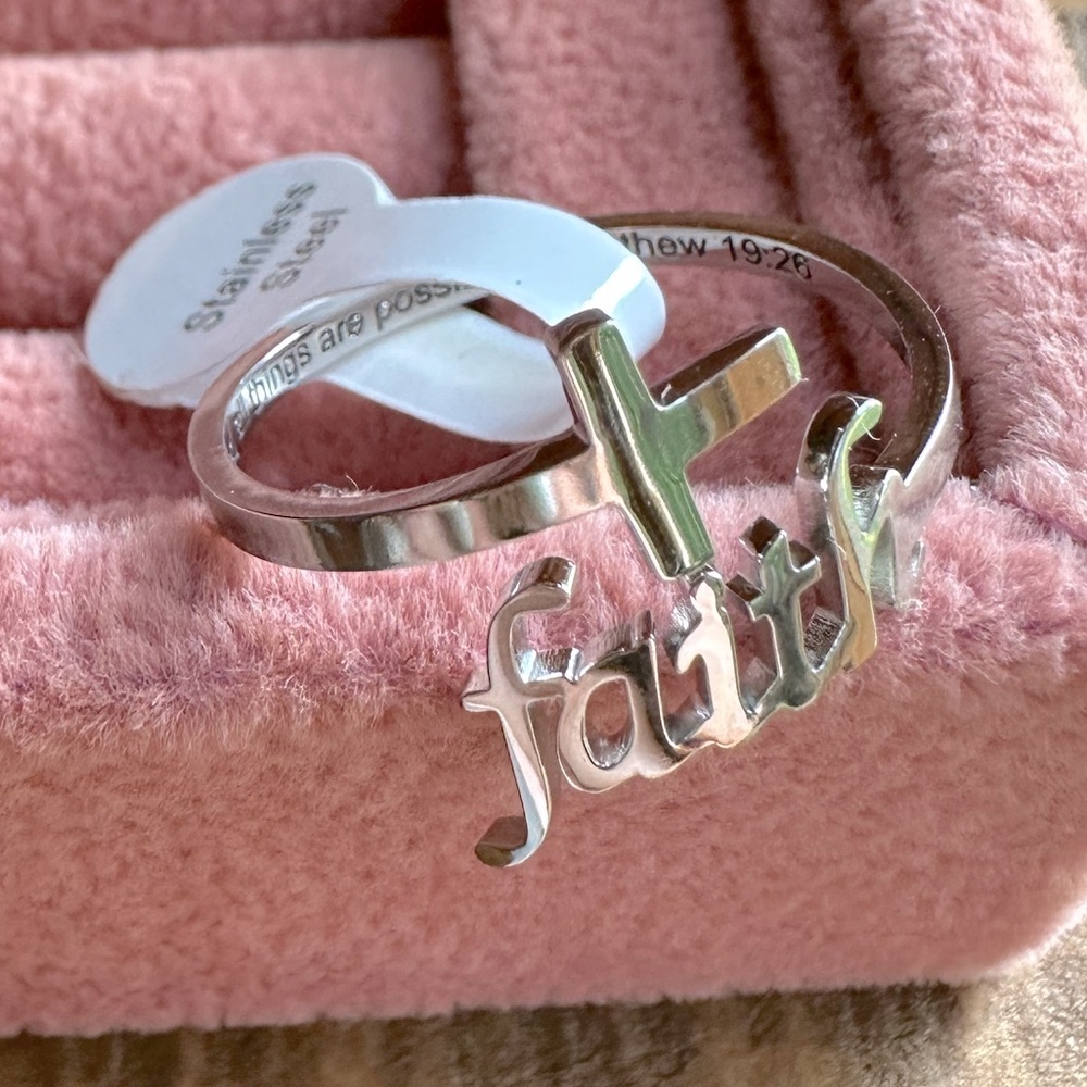 Faith Cross Bypass Ring W/ Scripture Matthew 19:26 Engraving Stainless Steel - Picture 7 of 8